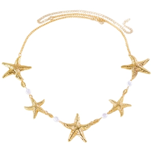 Goldene Strand-Taillenkette mit strukturierten Seesternen und weißen Perlenperlen
