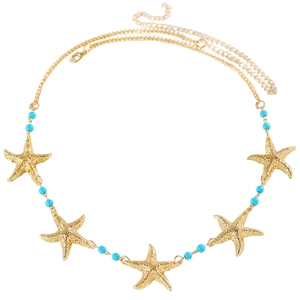 Detailaufnahme einer goldenen Taillenkette mit Seestern-Anhängern und blauen Perlen