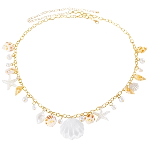 Böhmische goldfarbene Taillenkette mit Muscheln, Seesternen und eleganten Perlen für den Strand