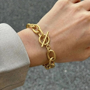 Stainless Steel Chain Bracelet 18K Gold Plated Minimalist Toggle Clasp Thick Link Jewelry For Women Men
