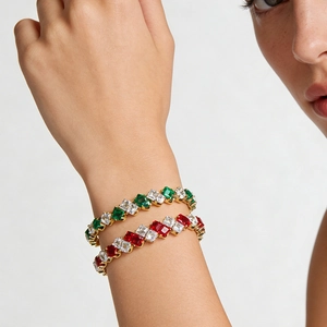 Elegant 18K Gold Plated Stainless Steel Adjustable Bangle For Women With Colorful Square Cut Cubic Zirconia Fashion Inlaid