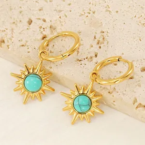 18K Gold Plated Stainless Steel Turquoise Sunburst Star Charm Hoop Earrings Vintage Bohemian INS Style Jewelry For Women
