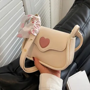Fashion Women PU Leather Crossbody Bag Sweet Heart Decoration Satin Scarf Small Square Shoulder Bag Girl Messenger Bag