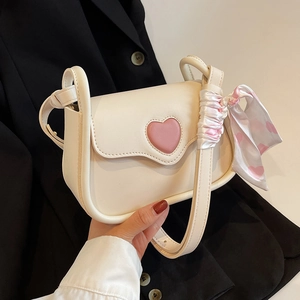 Cream white PU leather crossbody bag with pink heart patch and matching silk scarf
