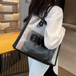 Bolso tote de PVC transparente con ribetes de cuero negro y estuche interior OWO