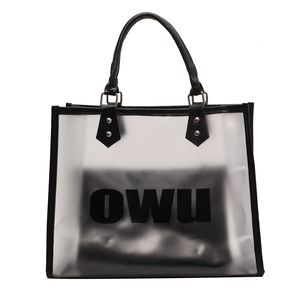 Bolso tote transparente de PVC con asas de cuero negro y logotipo OWU impreso al frente