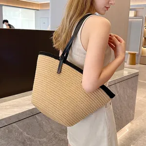 Women Large Capacity Straw Woven Tote Bag Contrast Color PU Leather Knotted Straps Casual Beach Travel Handbag