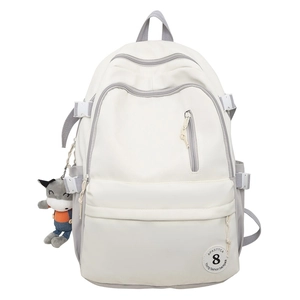 Minimalist off-white large capacity student backpack with grey straps and plush pendant
