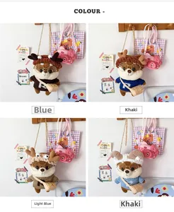 Four different colored plush squirrel crossbody bags with cute glasses and sweaters