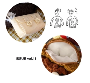 Vista dettagliata della borsa in feltro beige con bottoni e astuccio in peluche marrone