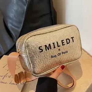 Women Fashion Metallic PU Leather Small Square Crossbody Bag With Wide Strap Trendy Letter Print Camera Bag Casual Daily