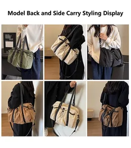 Collage großer Nylon-Tragetaschen in vier Farben zeigt vielseitiges Styling und Gurte