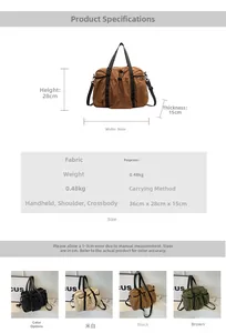 Detailansicht der Canvas-Reisetasche mit Maßen und vier Farbvarianten für Damen