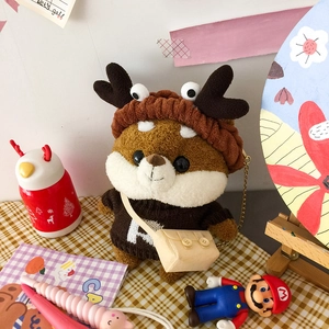 Simpatica borsa a tracolla peluche Shiba Inu con corna di renna e maglione marrone R