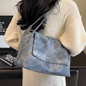 Vintage grey large capacity tote bag with silver chain strap and washed texture for women
