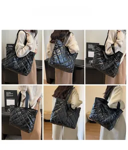 Detailed views of a large black quilted tote bag shown from multiple wearing angles