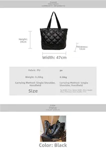 Detailed size chart for the black quilted large capacity PU tote bag with dimensions