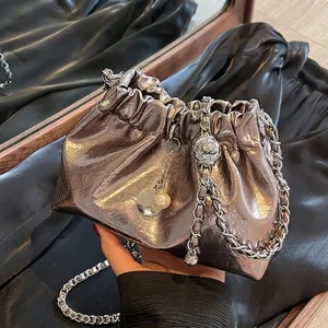 Women Fashion Pleated Crossbody Bag PU Leather Ruched Bucket Bag With Chain Strap And Artificial Pearl Decor Shoulder Bag
