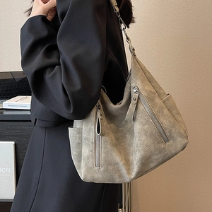 Vintage grey large capacity tote bag with multi-pockets and washed leather texture