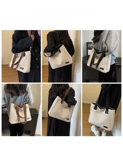 Collage of cream canvas tote bag with contrast straps shown from multiple angles