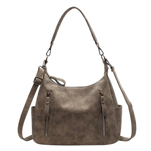 Large capacity vintage taupe leather tote bag with dual decorative front zippers
