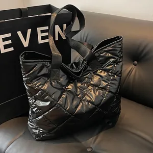 Women Large Capacity Black Quilted Puffer Tote Bag Glossy Rhombus Shoulder Bag For Commute School Fashion PU Leather Bag