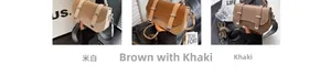 Detail view of stylish small square bags in three colors with wide geometric woven straps