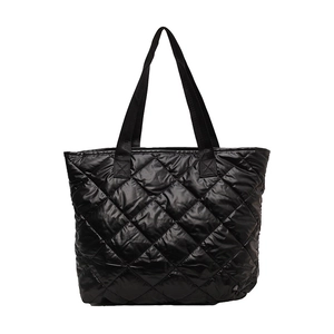 Large black quilted puffer tote bag with reinforced handles for work and travel