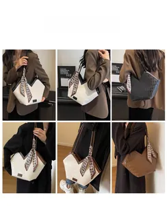 Detailed views of a quilted faux leather tote bag with silk scarf on handle for women