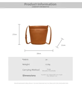 Tableau des tailles avec dimensions du sac seau en cuir PU marron et bandoulière en cm