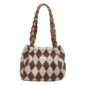 Fuzzy checkered plush tote bag in brown and white with woven shoulder straps