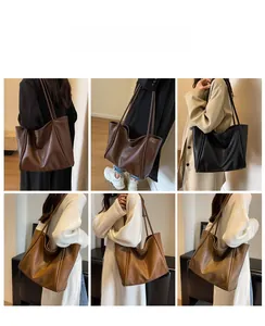 Collage of large tote bags in four colors showing fit and capacity on a model