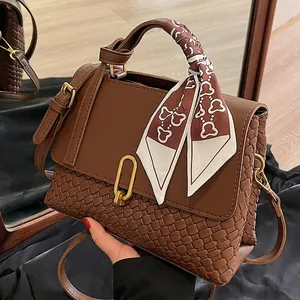 Vintage PU Leather Woven Patchwork Crossbody Bag For Women Small Square Handbag With Scarf Handle And Metal Buckle Travel Purse