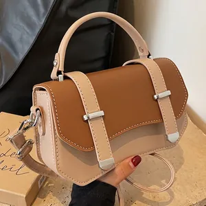Fashion Women PU Leather Crossbody Bag Contrast Color Handbag With Patterned Wide Shoulder Strap Small Square Cambridge Bag