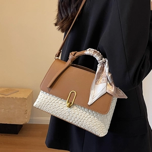 Chic color-block woven handbag with brown leather flap and decorative silk scarf detail