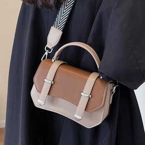 Chic two-tone PU leather crossbody bag with adjustable herringbone pattern strap