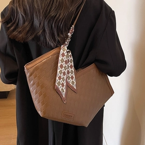 Brown woven tote bag for women with decorative checkered scarf and large capacity