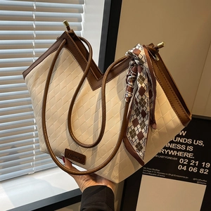 Large capacity woven tote bag with silk scarf decoration and V-shaped opening design