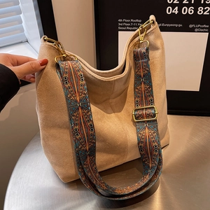 Beige large capacity matte leather hobo bag with ethnic style colorful wide strap