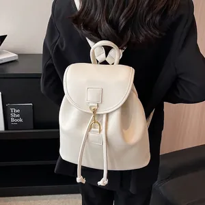 Sac à Dos Femme Rétro en Cuir PU Grande Capacité Cordon et Rabat Mode Décontracté Voyage École pour Femmes