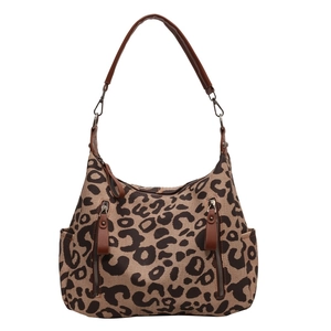 Grand sac cabas en toile à imprimé léopard avec poignées et fermetures en similicuir marron