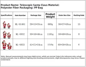 Size chart for telescopic Santa Claus ornaments showing fabric details and weight specs
