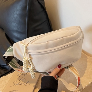Chic beige canvas crossbody chest bag with floral jacquard strap and woven zipper pullers