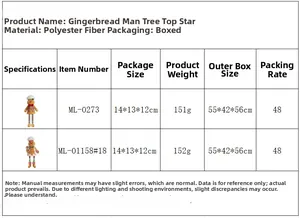 Detailed sizing chart and specifications for gingerbread man Christmas tree topper star