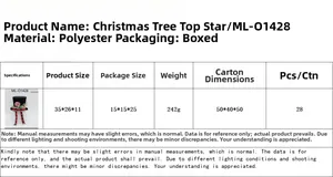Detailed size chart of black top hat Christmas tree topper with red plaid bow details
