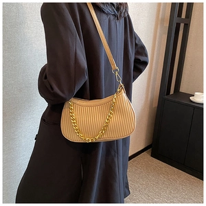 Détail du sac dumpling plissé en cuir PU beige avec chaîne dorée décorative épaisse