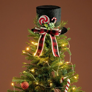 Black Christmas tree topper top hat with red buffalo plaid bow and candy cane accents