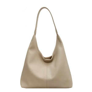 Minimalist cream white leather hobo shoulder bag with textured lychee grain finish