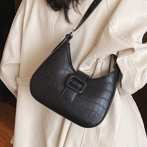 Chic black crocodile embossed hobo underarm bag with decorative fabric square buckle