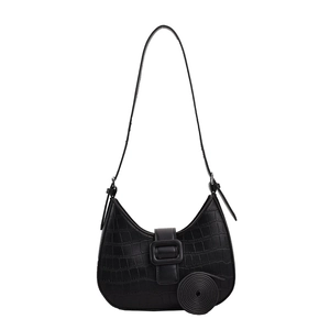 Fashionable black crocodile pattern half-moon shoulder bag with adjustable strap
